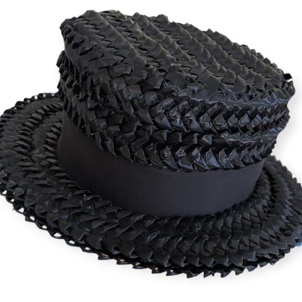 Vintage Union-Made Boater Hat Black Grosgrain Ribbon Sz 6 Woven - Picture 2 of 7